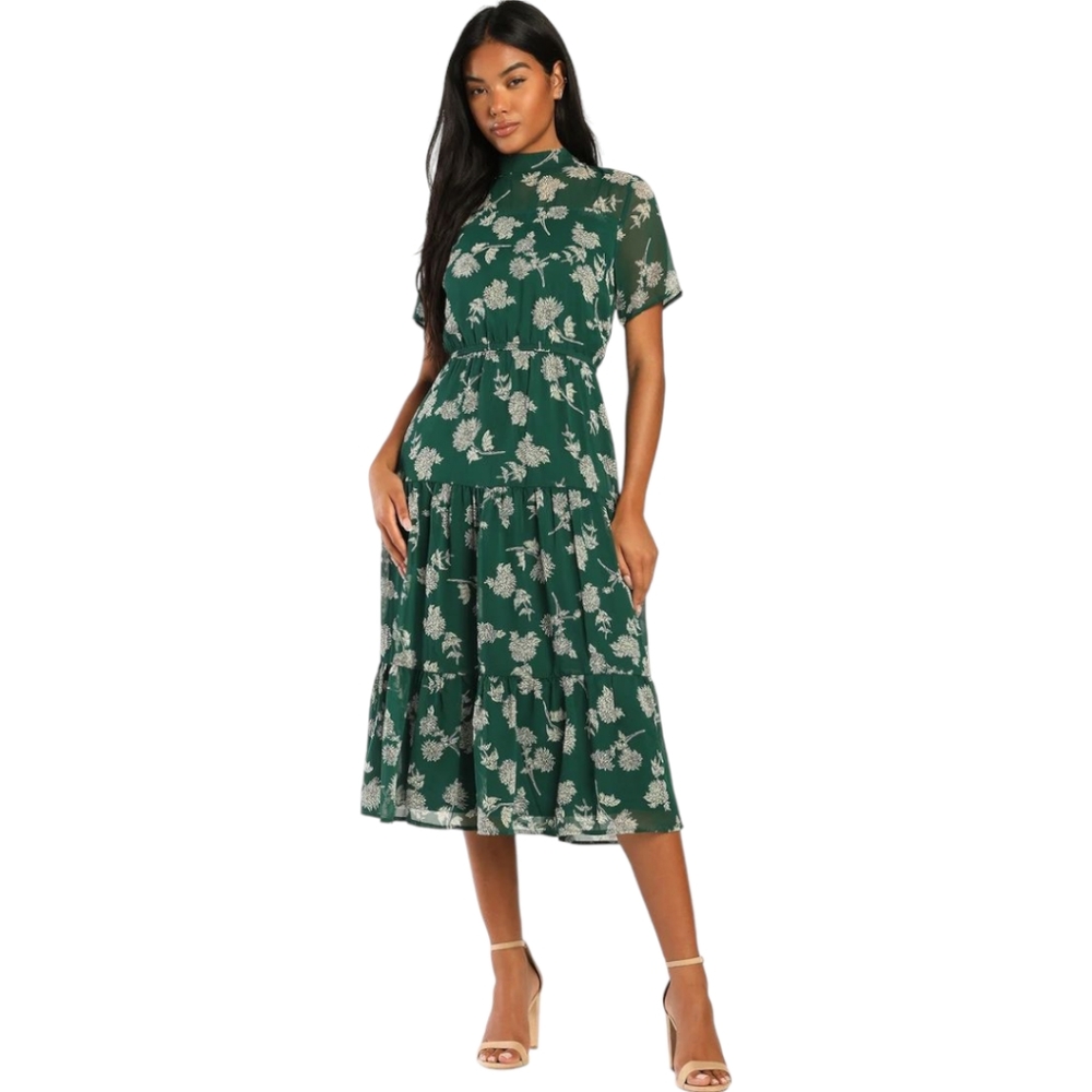 Lulus Floral Dressed Up Dark Green Floral Print Midi Dress